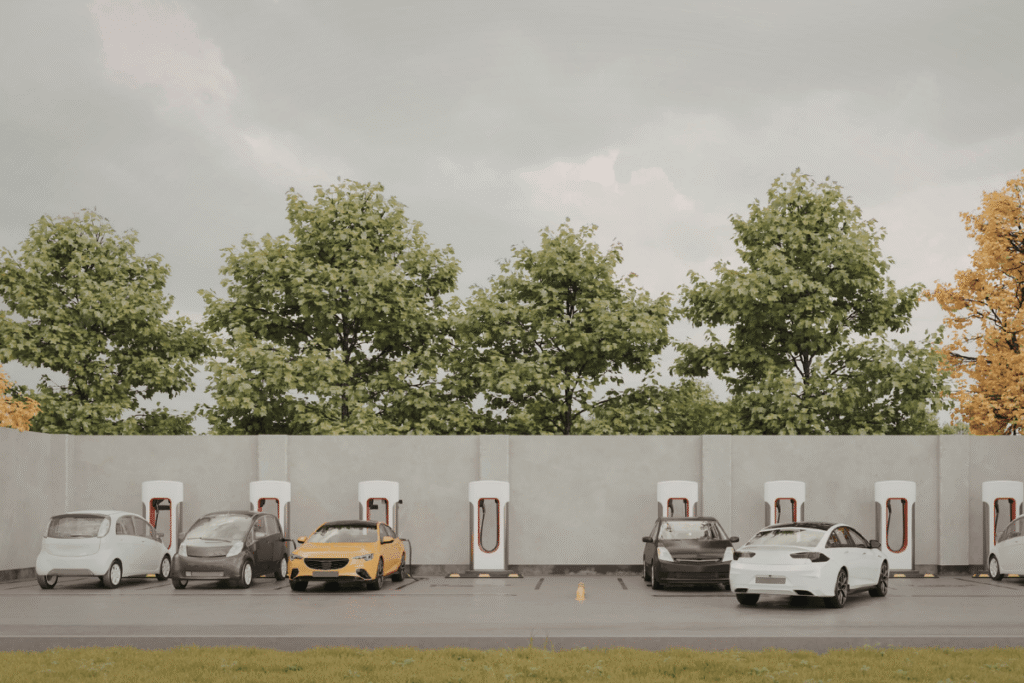 Row of electric cars plugged into chargers