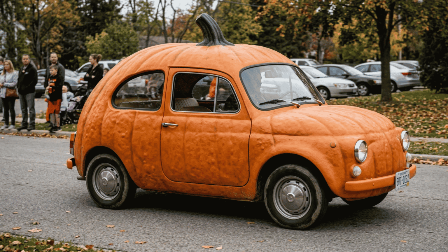 Orange car shaped like a pumpkin